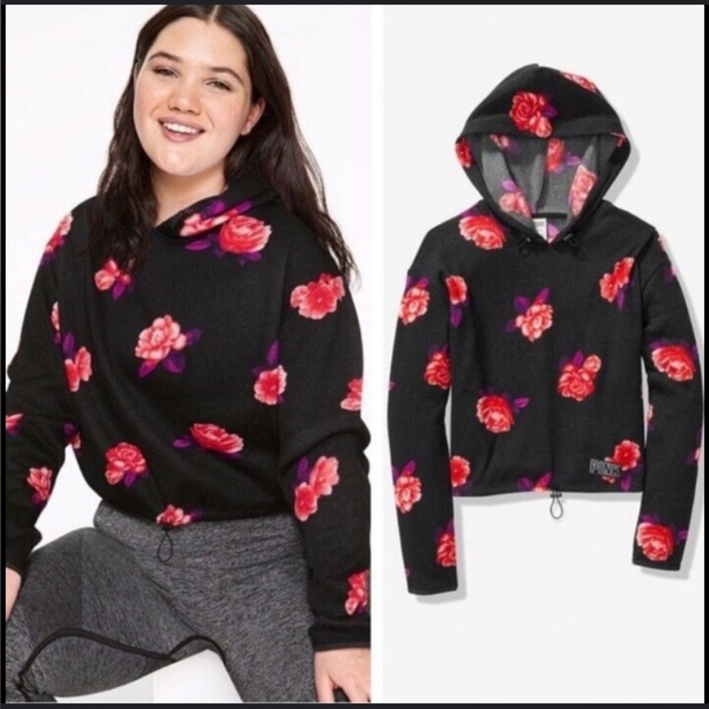Pink-black floral cropped hoodie sweater